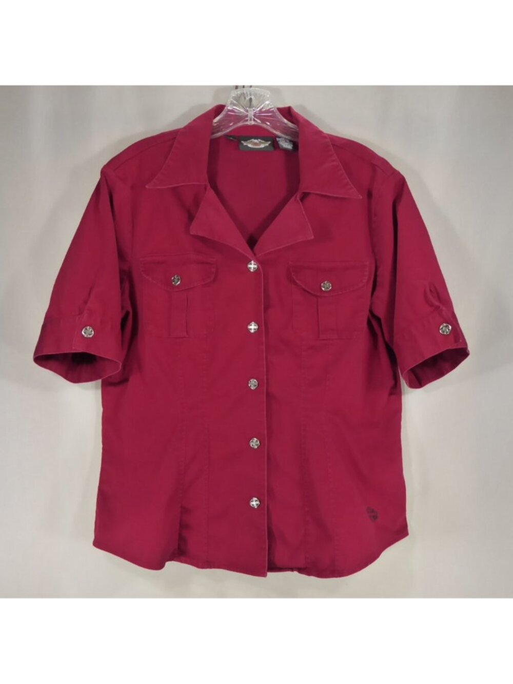 Harley Davidson Womens L Crimson Red Snap Front Dress Shirt Stretch Short Sleeve
